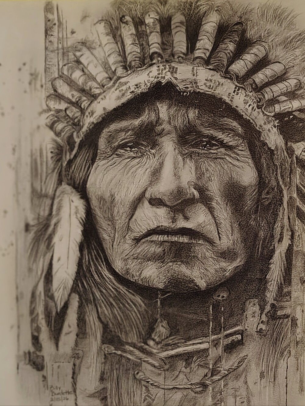 Handcrafted Black & White Native Chief Pencil Portrait - Home Art